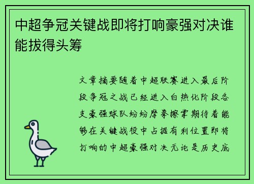 中超争冠关键战即将打响豪强对决谁能拔得头筹 中超争冠关键战即将打响豪强对决谁能拔得头筹