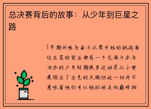 总决赛背后的故事：从少年到巨星之路